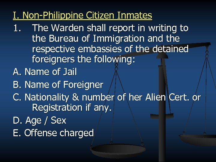 I. Non-Philippine Citizen Inmates 1. The Warden shall report in writing to the Bureau