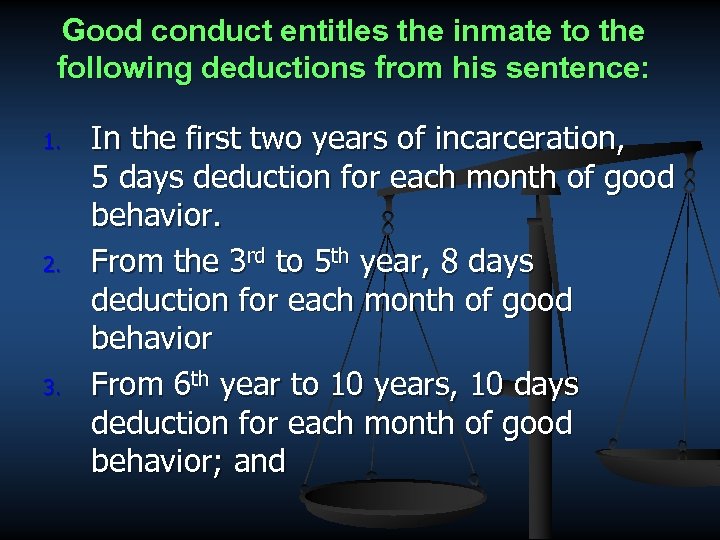 Good conduct entitles the inmate to the following deductions from his sentence: 1. 2.