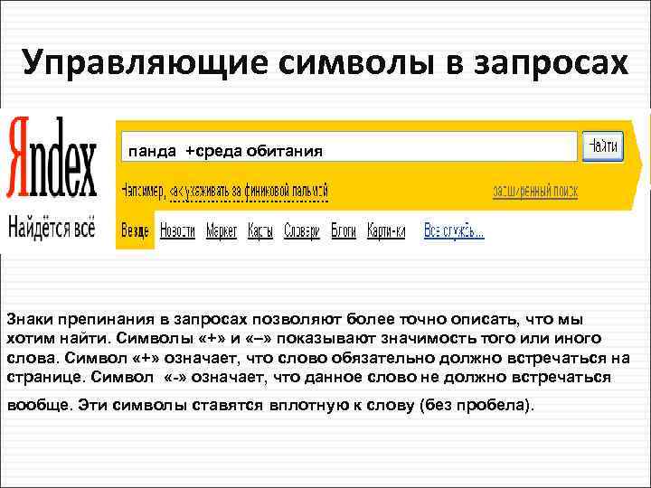 Управляющие символы в запросах панда +среда обитания Знаки препинания в запросах позволяют более точно