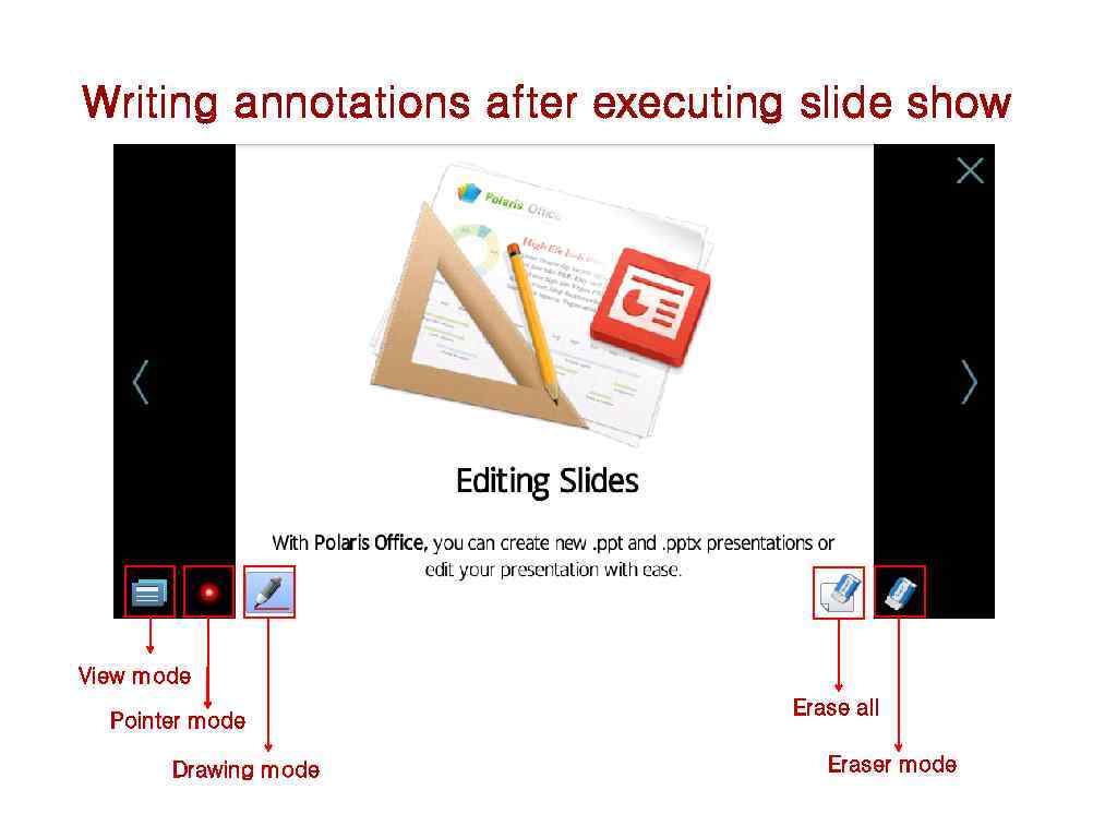 Writing annotations after executing slide show View mode Pointer mode Drawing mode Erase all