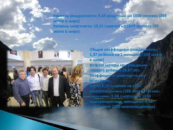 Уровень рождаемости: 9, 45 рождений на 1000 человек (206 место в мире) Уровень смертности: