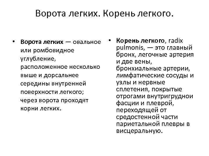 Ворота легких. Корень легкого. • Ворота легких — овальное • Корень легкого, radix pulmonis,
