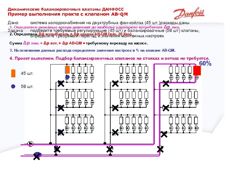 Динамические балансировочные клапаны ДАНФОСС Пример выполнения пректа с клапаном AB-QM Дано: система холодоснабжения на