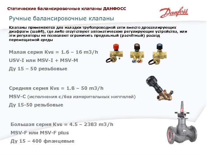 Статические балансировочные клапаны ДАНФОСС Ручные балансировочные клапаны Клапаны применяются для наладки трубопроводной сети вместо