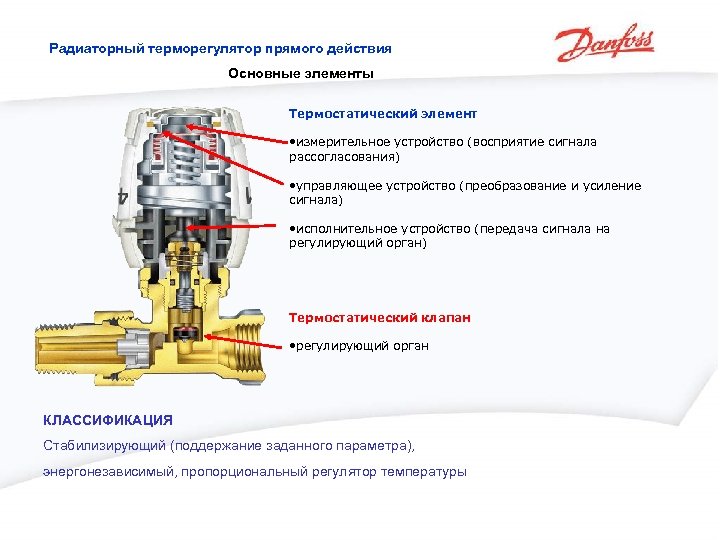 Радиаторный терморегулятор прямого действия Основные элементы Термостатический элемент • измерительное устройство (восприятие сигнала рассогласования)