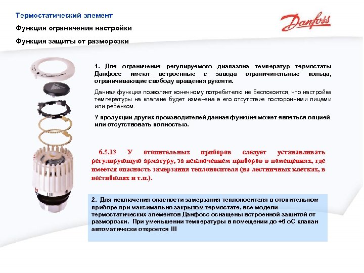 Термостатический элемент Функция ограничения настройки Функция защиты от разморозки 1. Для ограничения регулируемого диапазона