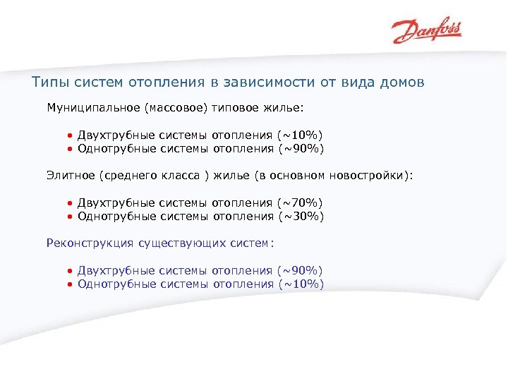 Типы систем отопления в зависимости от вида домов Муниципальное (массовое) типовое жилье: • Двухтрубные