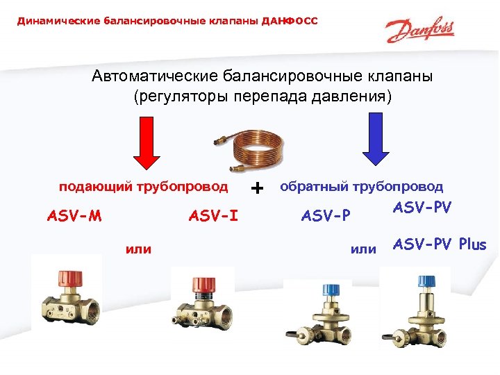Динамические балансировочные клапаны ДАНФОСС Автоматические балансировочные клапаны (регуляторы перепада давления) подающий трубопровод ASV-M ASV-I