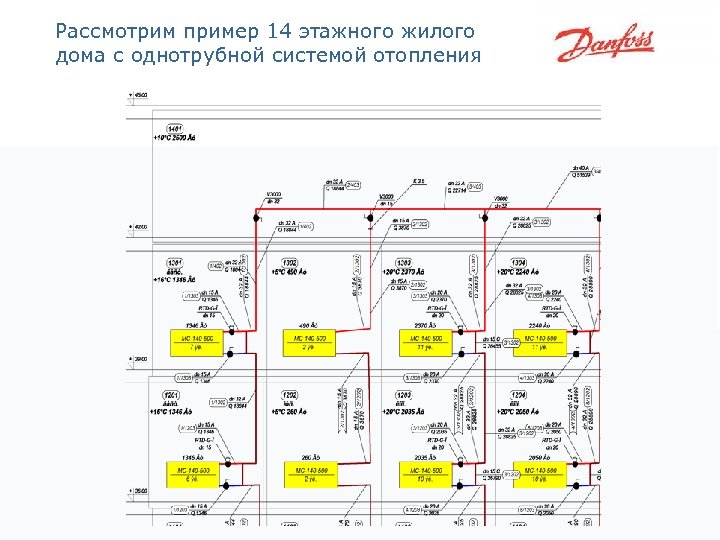 Рассмотрим пример 14 этажного жилого дома с однотрубной системой отопления 