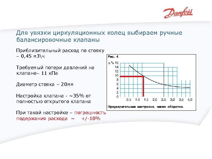 Для увязки циркуляционных колец выбираем ручные балансировочные клапаны Приблизительный расход по стояку – 0,