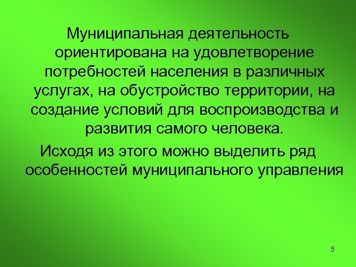 Муниципальная деятельность ориентирована на удовлетворение потребностей населения в различных услугах, на обустройство территории, на