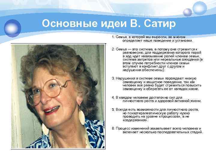 Основные идеи В. Сатир 1. Семья, в которой мы выросли, во многом определяет наше