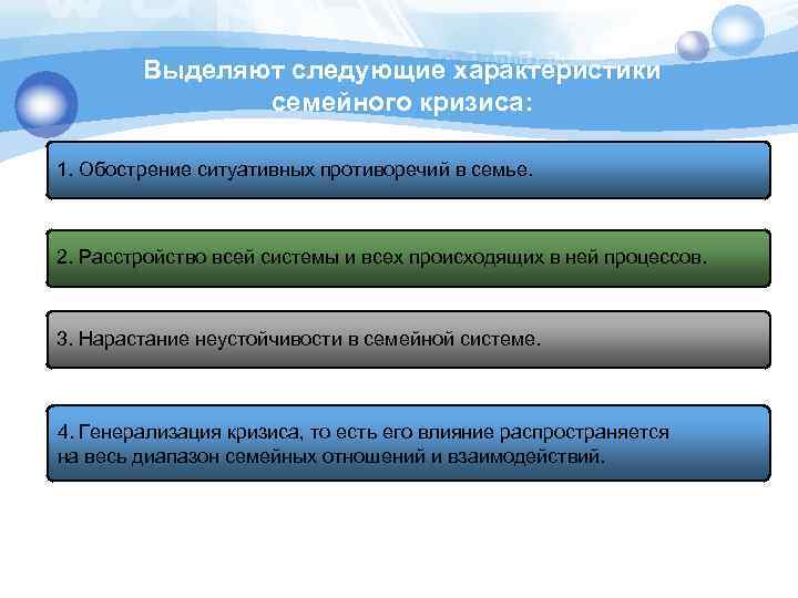 Выделяют следующие характеристики семейного кризиса: 1. Обострение ситуативных противоречий в семье. 2. Расстройство всей