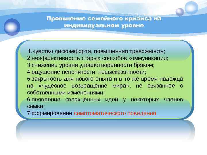 Проявление семейного кризиса на индивидуальном уровне 1. чувство дискомфорта, повышенная тревожность; 2. неэффективность старых