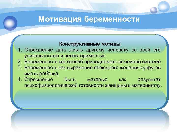 Мотивация беременности 1. 2. 3. 4. Конструктивные мотивы Стремление дать жизнь другому человеку со