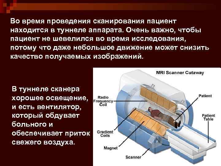 Во время проведения сканирования пациент находится в туннеле аппарата. Очень важно, чтобы пациент не