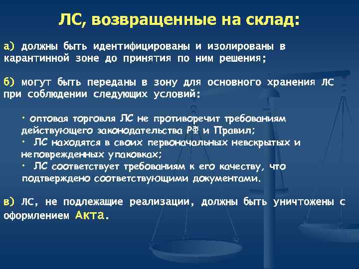 ЛС, возвращенные на склад: а) должны быть идентифицированы и изолированы в карантинной зоне до