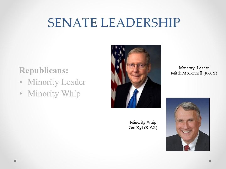 SENATE LEADERSHIP Minority Leader Mitch Mc. Connell (R-KY) Republicans: • Minority Leader • Minority