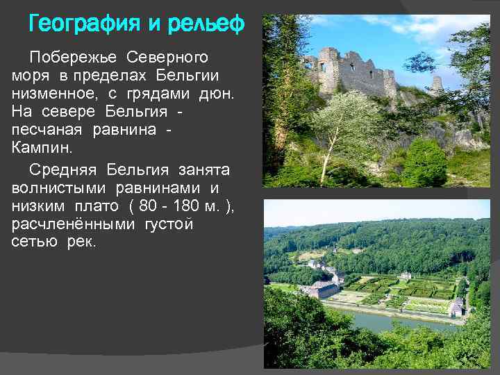 География и рельеф Побережье Северного моря в пределах Бельгии низменное, с грядами дюн. На