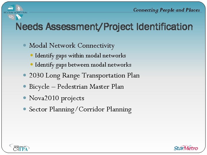 Connecting People and Places Needs Assessment/Project Identification Modal Network Connectivity Identify gaps within modal
