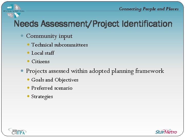 Connecting People and Places Needs Assessment/Project Identification Community input Technical subcommittees Local staff Citizens
