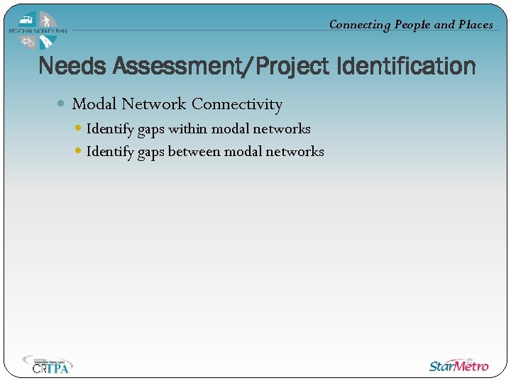 Connecting People and Places Needs Assessment/Project Identification Modal Network Connectivity Identify gaps within modal