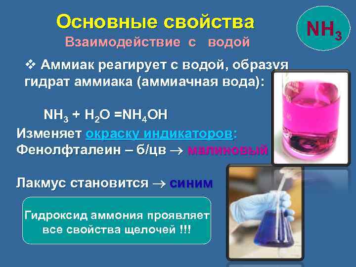 Основные свойства Взаимодействие с водой v Аммиак реагирует с водой, образуя гидрат аммиака (аммиачная