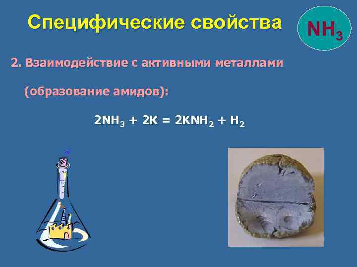 Специфические свойства 2. Взаимодействие с активными металлами (образование амидов): 2 NH 3 + 2