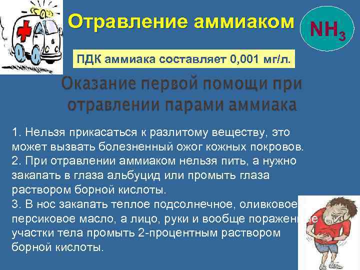 Отравление аммиаком NH 3 ПДК аммиака составляет 0, 001 мг/л. 1. Нельзя прикасаться к