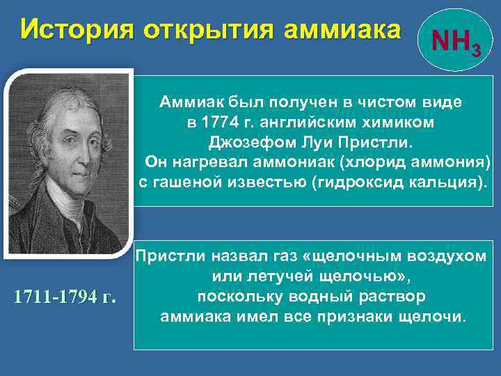 История открытия аммиака NH 3 Аммиак был получен в чистом виде в 1774 г.