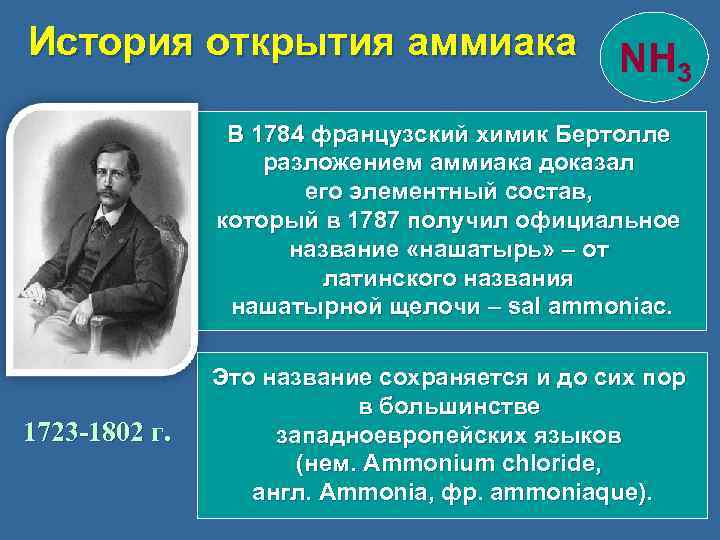 История открытия аммиака NH 3 В 1784 французский химик Бертолле разложением аммиака доказал его