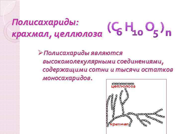 Полисахариды: крахмал, целлюлоза (С Н 10 О 5 ) n 6 ØПолисахариды являются высокомолекулярными