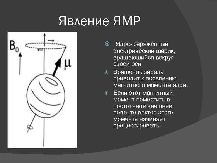 Явление ЯМР Ядро- заряженный электрический шарик, вращающийся вокруг своей оси. Вращение заряда приводит к