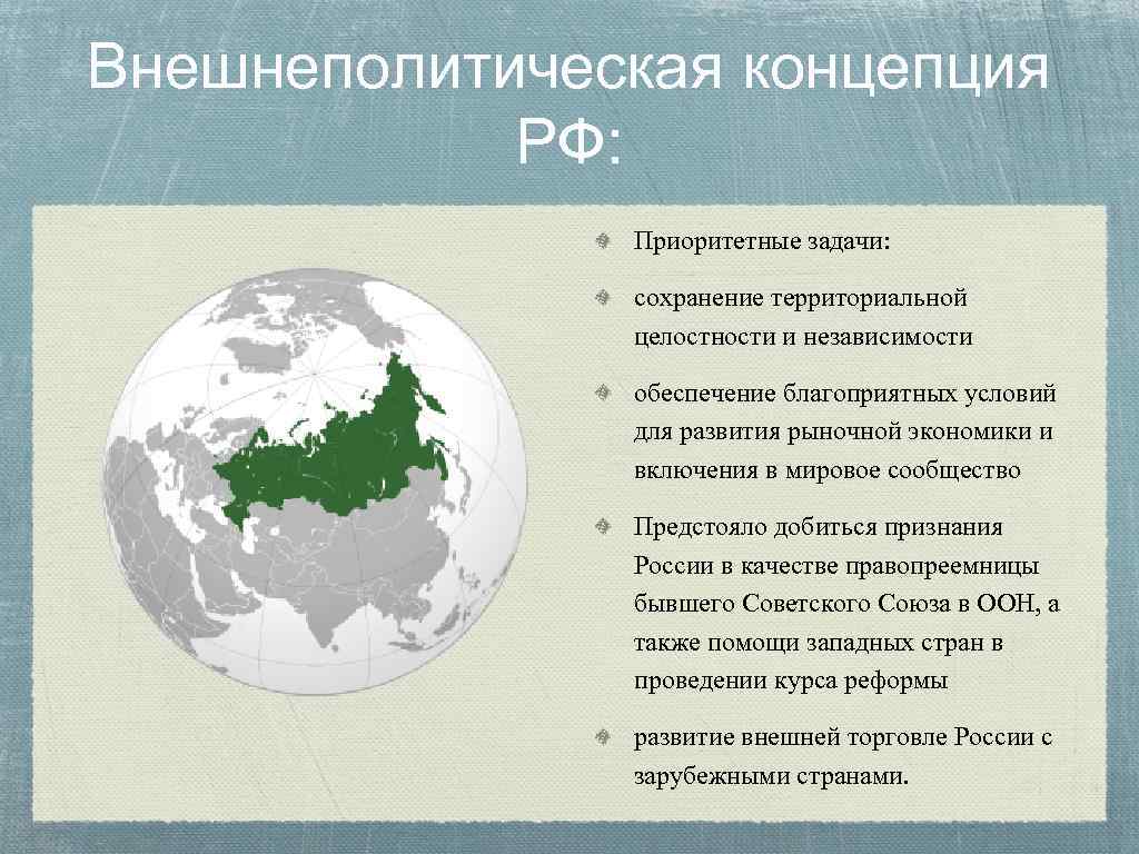 Внешнеполитическая концепция РФ: Приоритетные задачи: сохранение территориальной целостности и независимости обеспечение благоприятных условий для