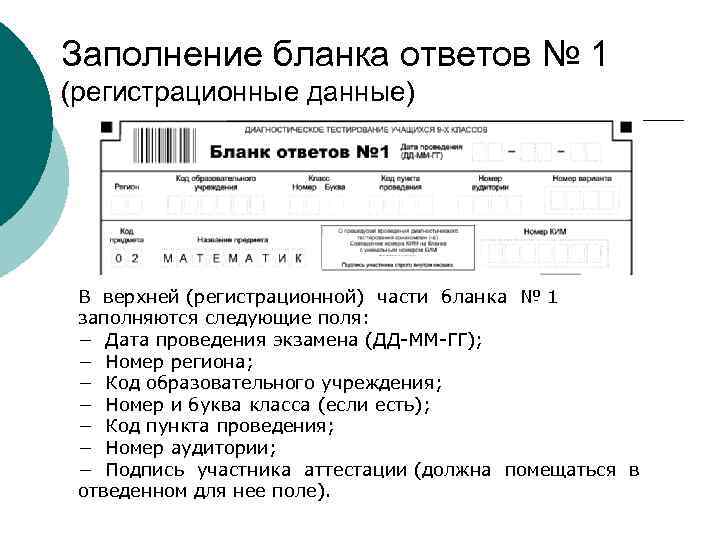 Заполнение бланка ответов № 1 (регистрационные данные) В верхней (регистрационной) части бланка № 1