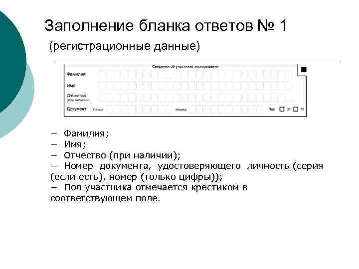 Заполнение бланка ответов № 1 (регистрационные данные) − Фамилия; − Имя; − Отчество (при