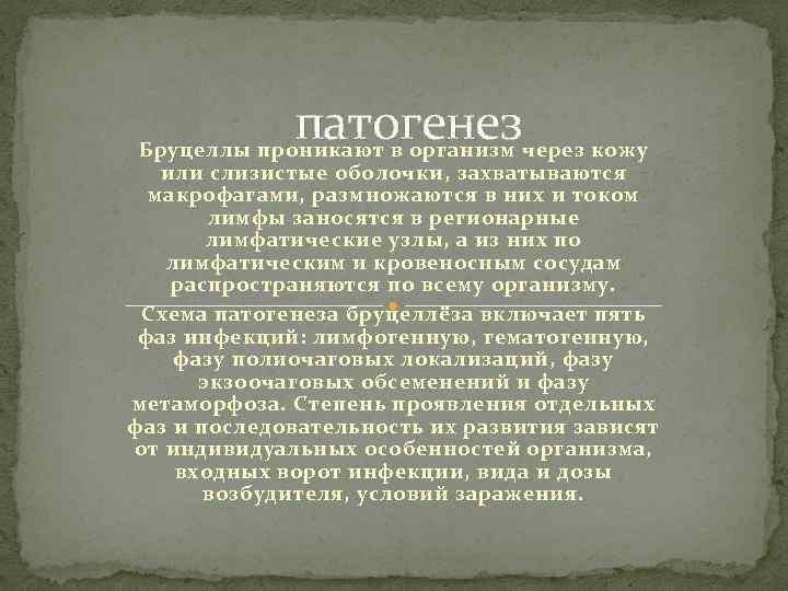 патогенез Бруцеллы проникают в организм через кожу или слизистые оболочки, захватываются макрофагами, размножаются в