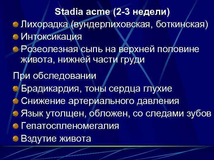 Stadia acme (2 -3 недели) Лихорадка (вундерлиховская, боткинская) Интоксикация Розеолезная сыпь на верхней половине