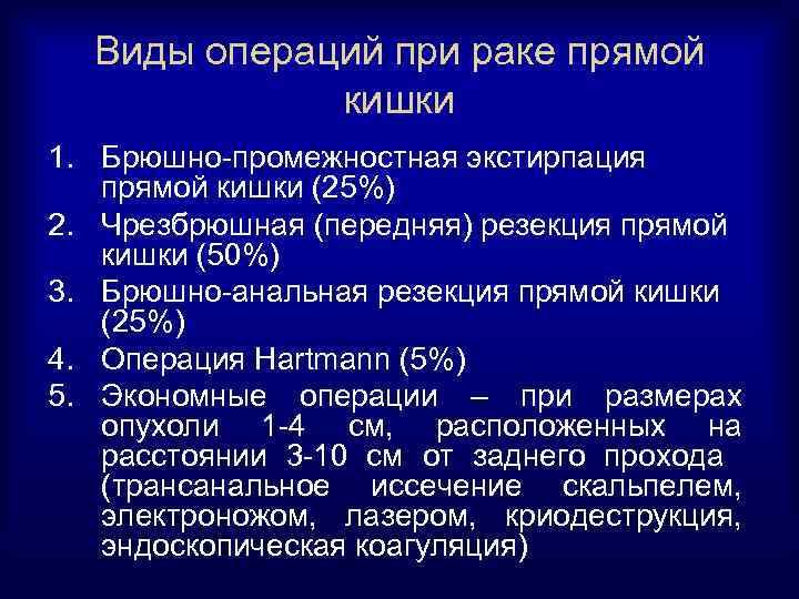 Виды операций при раке прямой кишки 1. Брюшно-промежностная экстирпация прямой кишки (25%) 2. Чрезбрюшная