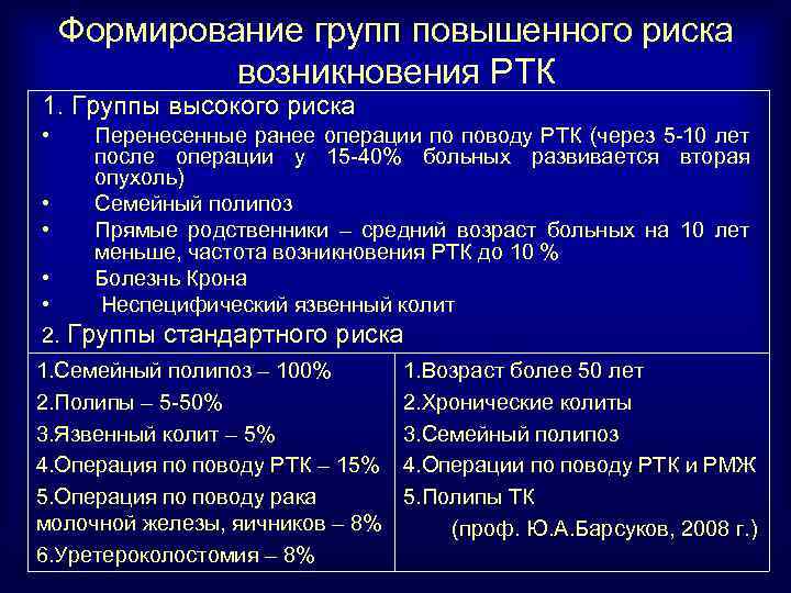 Формирование групп повышенного риска возникновения РТК 1. Группы высокого риска • • • Перенесенные