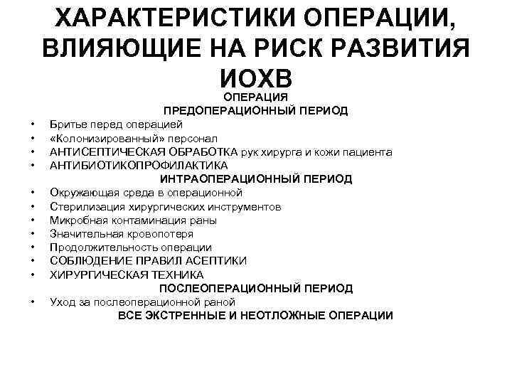 ХАРАКТЕРИСТИКИ ОПЕРАЦИИ, ВЛИЯЮЩИЕ НА РИСК РАЗВИТИЯ ИОХВ • • • ОПЕРАЦИЯ ПРЕДОПЕРАЦИОННЫЙ ПЕРИОД Бритье