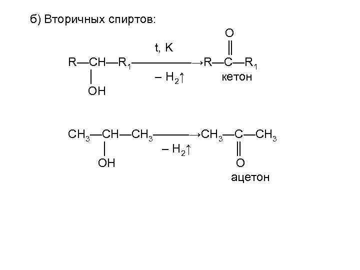 б) Вторичных спиртов: O t, K ║ R—CH—R 1—————→R—C—R 1 │ – H 2↑