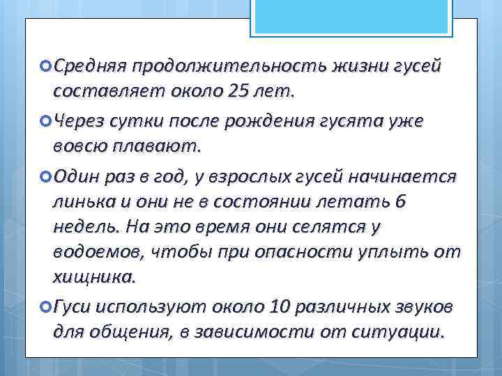  Средняя продолжительность жизни гусей составляет около 25 лет. Через сутки после рождения гусята
