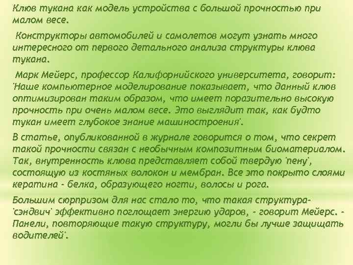 Клюв тукана как модель устройства с большой прочностью при малом весе. Конструкторы автомобилей и