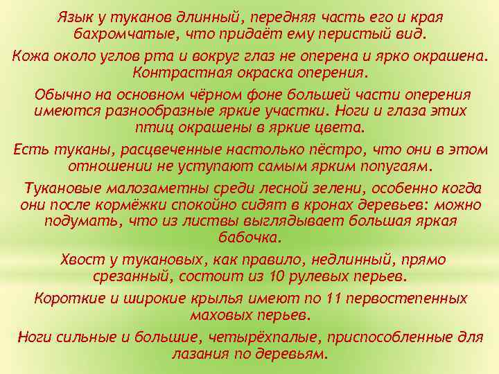 Язык у туканов длинный, передняя часть его и края бахромчатые, что придаёт ему перистый