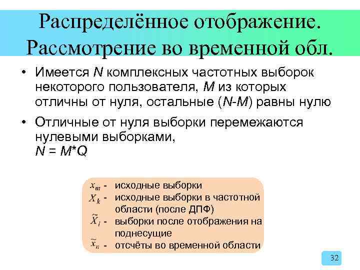 Распределённое отображение. Рассмотрение во временной обл. • Имеется N комплексных частотных выборок некоторого пользователя,
