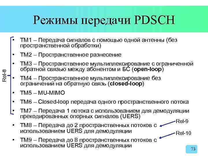 Режимы передачи PDSCH • TM 1 – Передача сигналов с помощью одной антенны (без