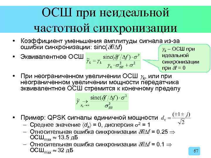 ОСШ при неидеальной частотной синхронизации • Коэффициент уменьшения амплитуды сигнала из-за ошибки синхронизации: sinc(