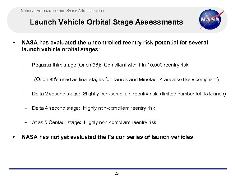 National Aeronautics and Space Administration Launch Vehicle Orbital Stage Assessments • NASA has evaluated