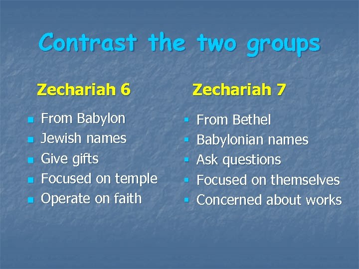 Contrast the two groups Zechariah 6 n n n From Babylon Jewish names Give